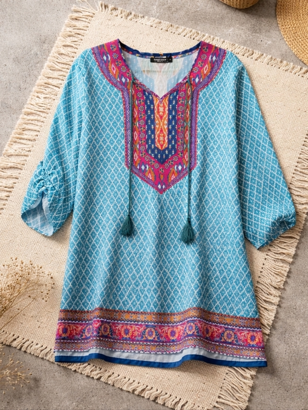 Urban Coco Boho Printed V-Neck Tunic/ Dress  - Turquoise